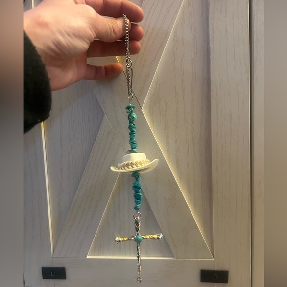 Turquoise Chunks With Cowboy Hat and Cross Vehicle Rearview mirror Charm - Picture 1 of 1